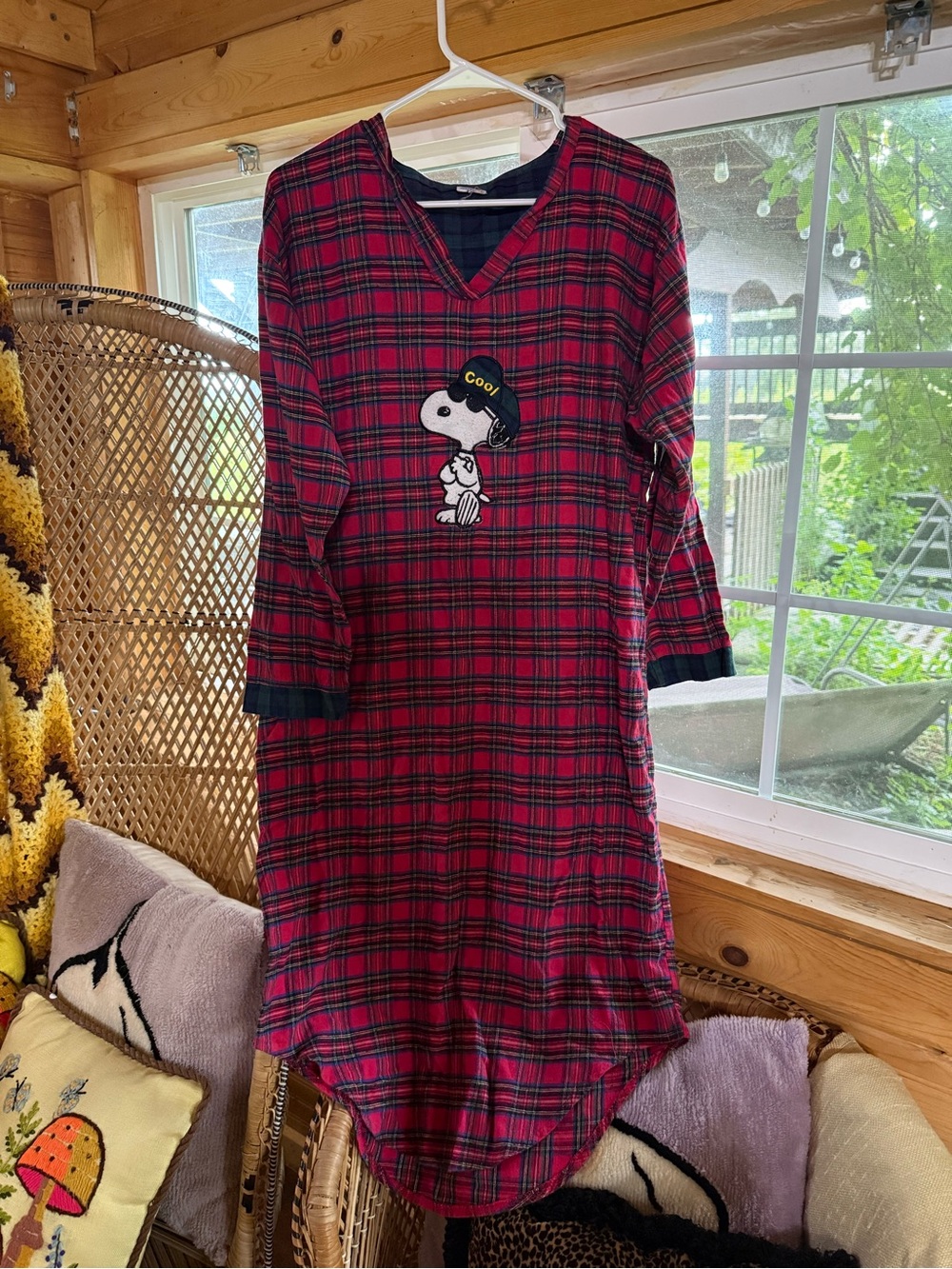 Vintage Snoopy Joe Cool Red Plaid Flannel Nightshirt Dress